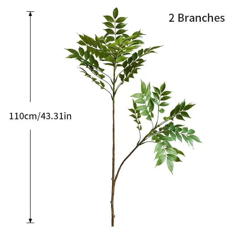 Artificial ficus tree branch with two green leaf clusters on a single stem