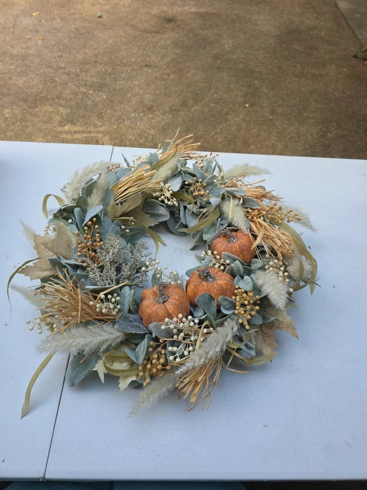 Fall Pumpkin Wreath: Boho Pampas Grass, Neutral Autumn Decor 20" Pampas Grass