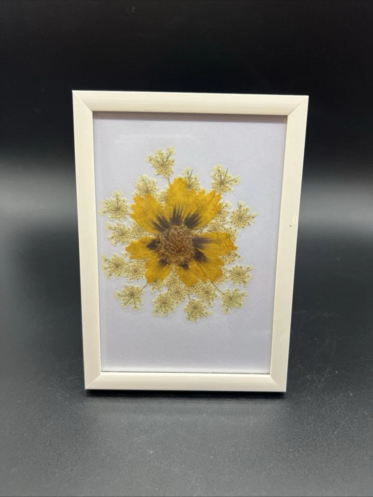 Framed pressed dried flowers with yellow blooms behind glass in light wood frame