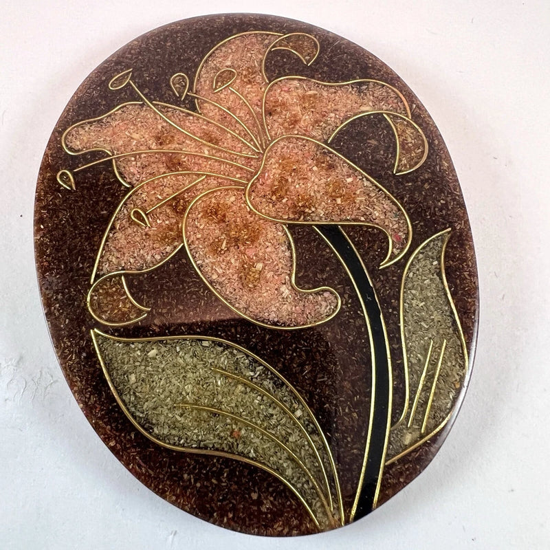 Vintage Brown Tiger Lily STONE Inlay Designer Karla Jordan Tropical Flower Lily