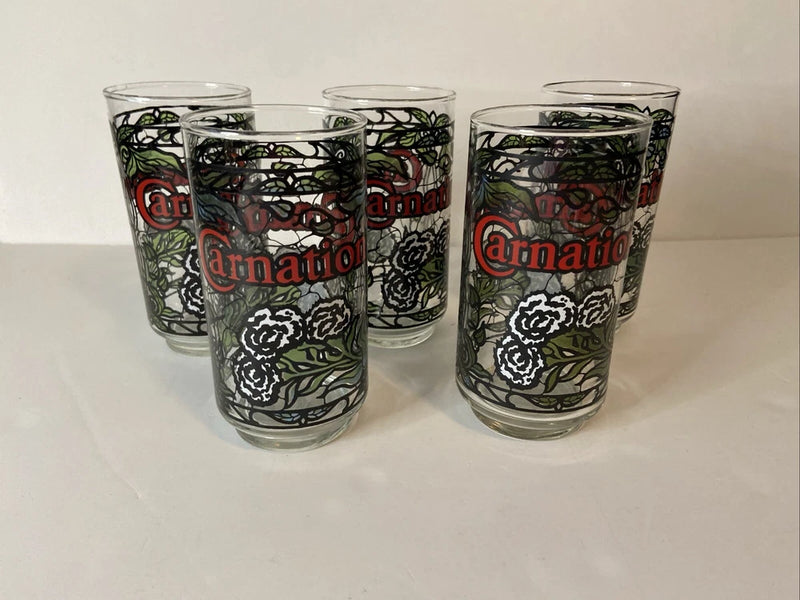 Libbey Vintage Carnation  5 5/8" Glass Tumblers Floral Vines Unique Rare Carnation