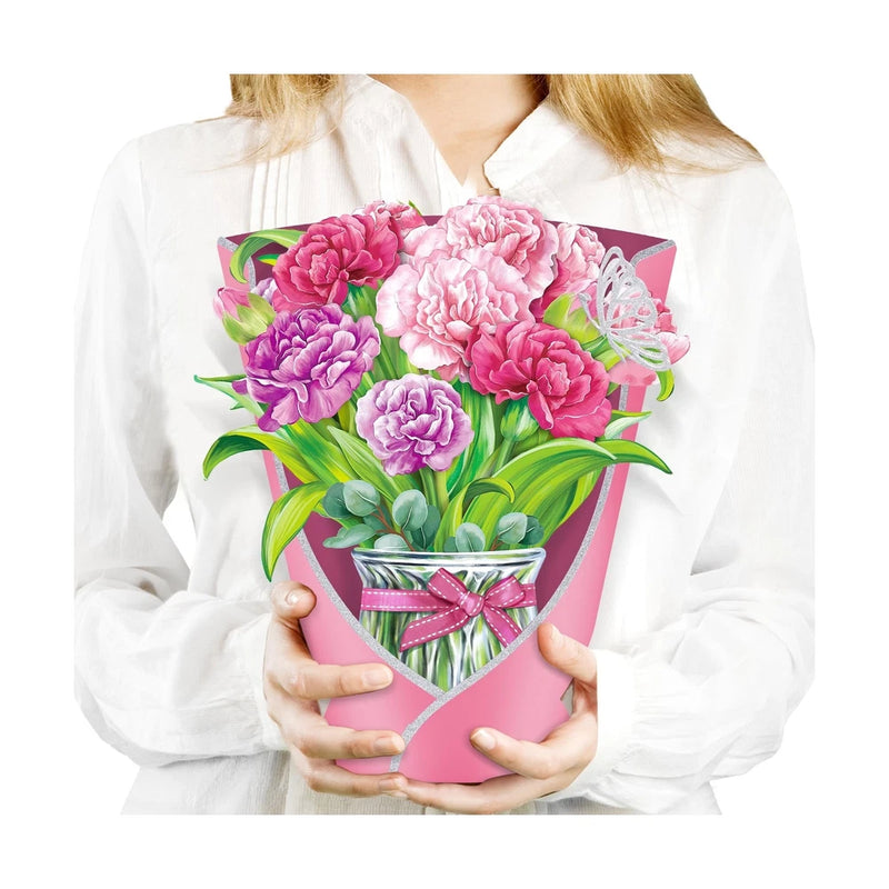 Pink and purple flower pop-up card bouquet with carnations in a heart holder