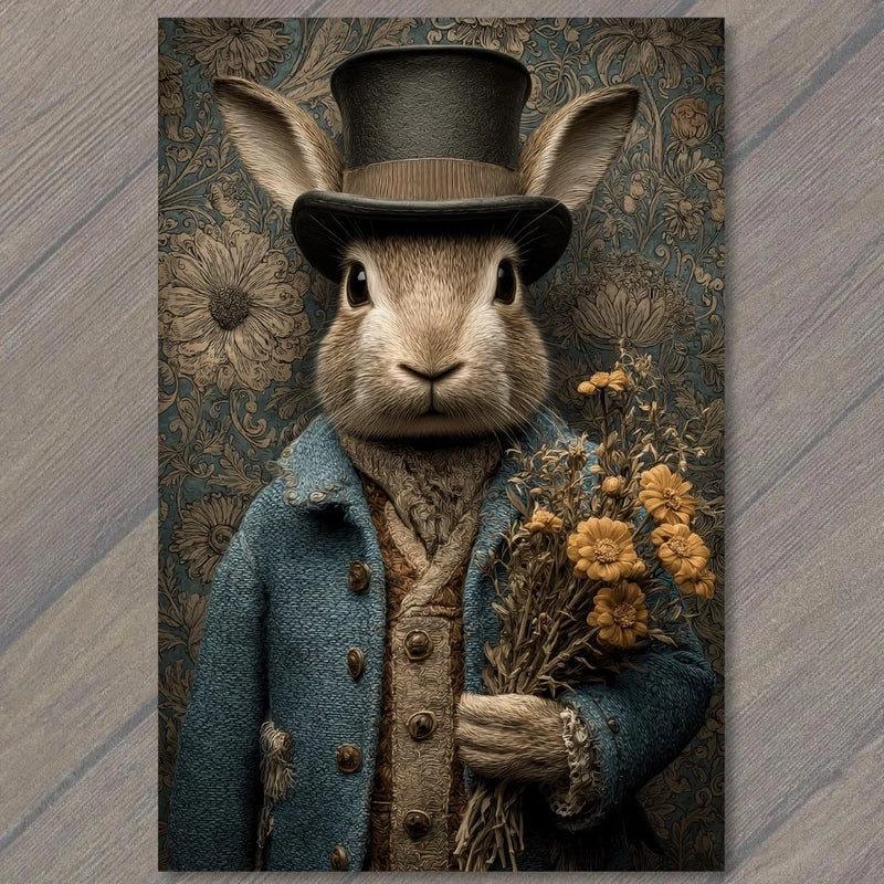 Rabbit gentleman postcard: gray bunny in top hat, teal coat, holding orange flowers