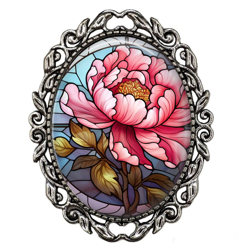 Faux Stained Glass Art Print Pretty Pink Peony Blooms Flower Garden Gift Brooch Peony