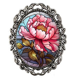 Faux Stained Glass Art Print Pretty Pink Peony Blooms Flower Garden Gift Brooch Peony