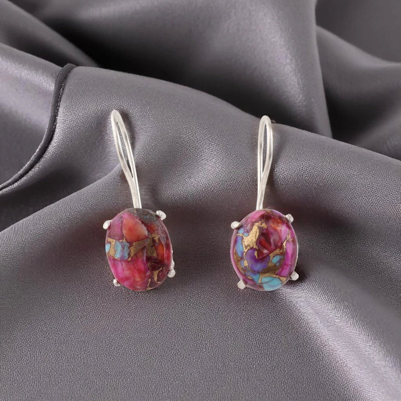 Handmade silver hoop earrings with round pink-blue gemstone cabochons