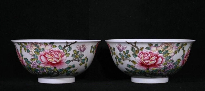 5.9" Yongzheng Marked Old China Enamel Porcelain Palace Peony Flower Bowl Pair Peony