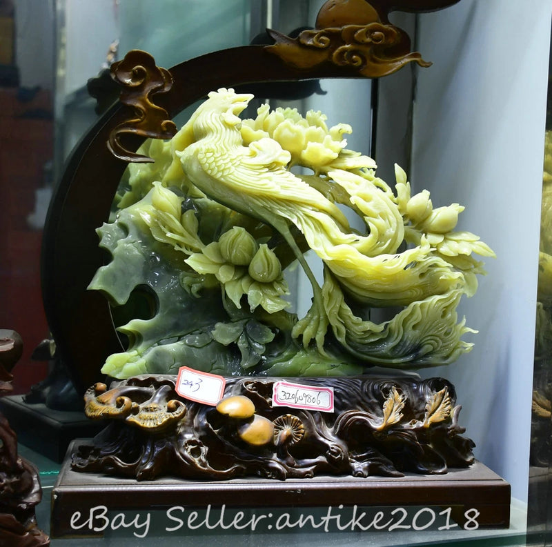Carved jade-look phoenix and peony flower statue, green, on dark base