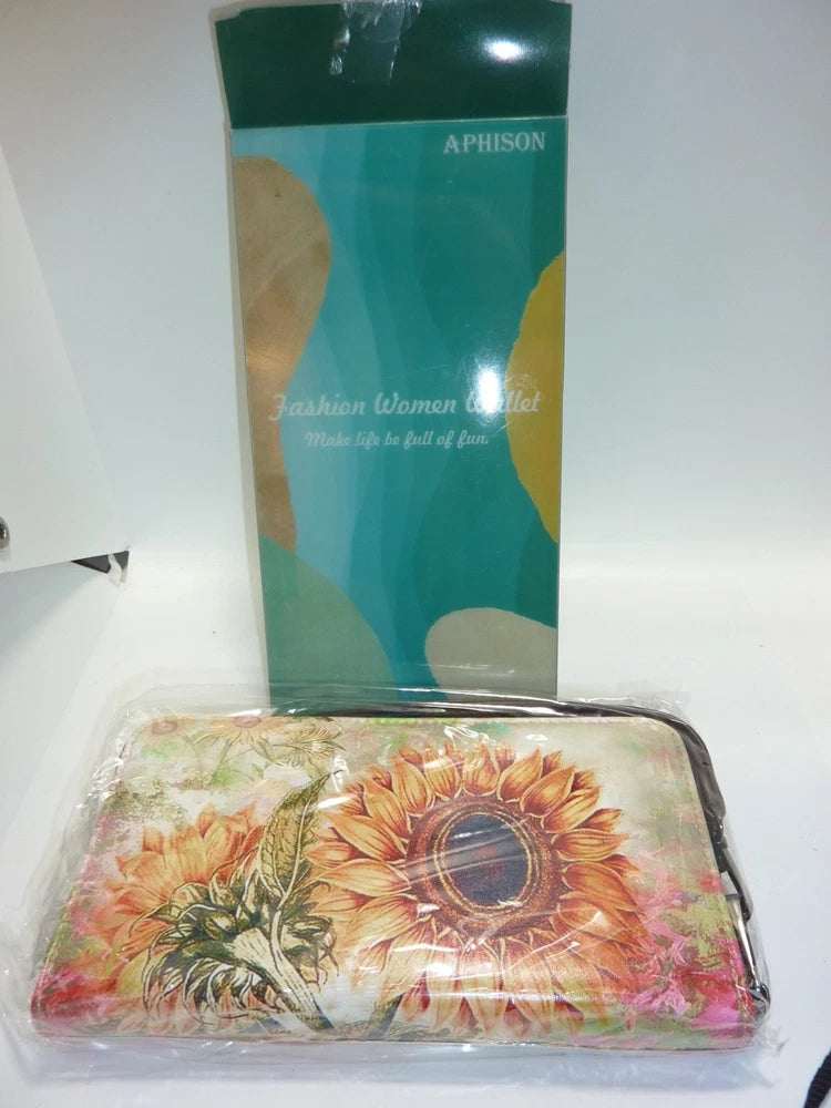 NEW Aphison Sunflower Design BIG ZIPPER AROUND WOMENS  WRISTLET WALLET Sunflower