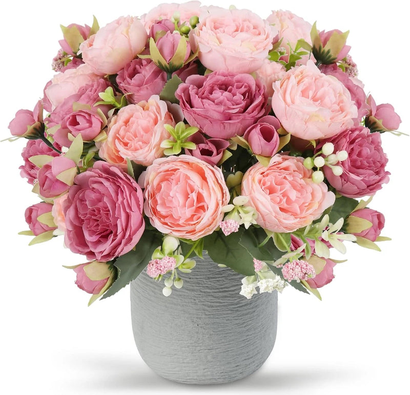 Pink faux peony silk flower bouquet with mixed blooms in gray textured vase