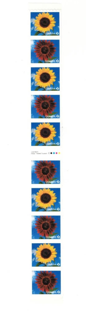 Sunflower postage stamp coil strip of 10, showing alternating yellow and dark sunflowers