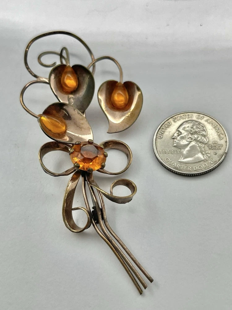 Vintage Large Retro Era Citrine Orange Lily Flowers Art Glass Bouquet Brooch Lily