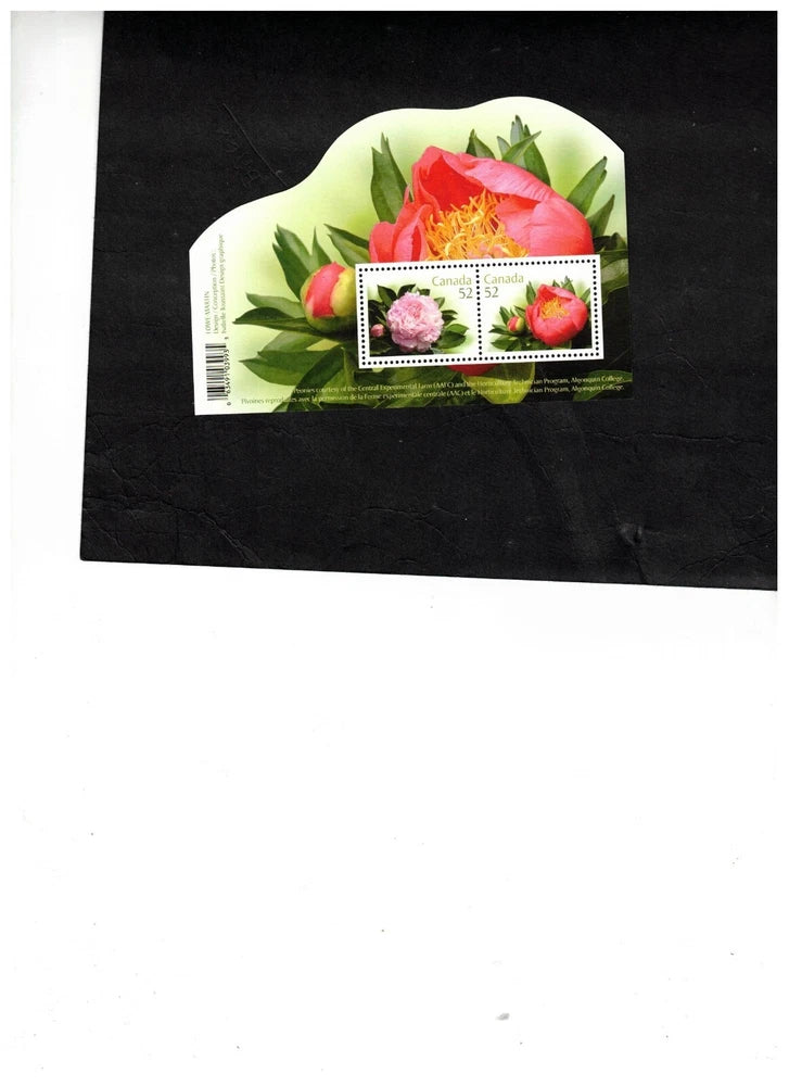 Canada peony postage stamps on sheet, two-flower design with white margins