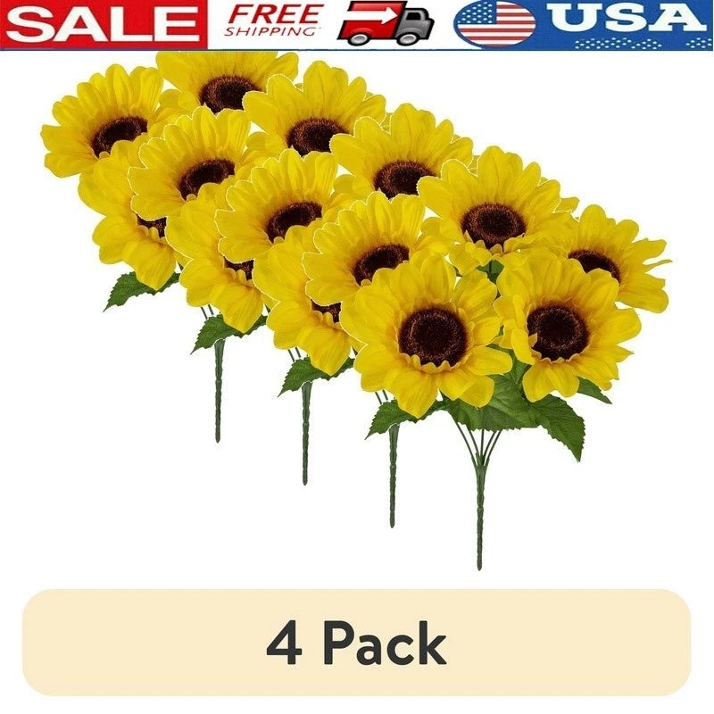 Artificial sunflower picks, 4-pack: yellow blooms, dark centers, green leaves on stems