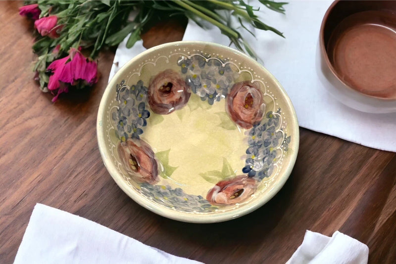 Hydrangea and Rose Watercolor Hand-painted Bowl With Glazed Design Accents Hydrangea