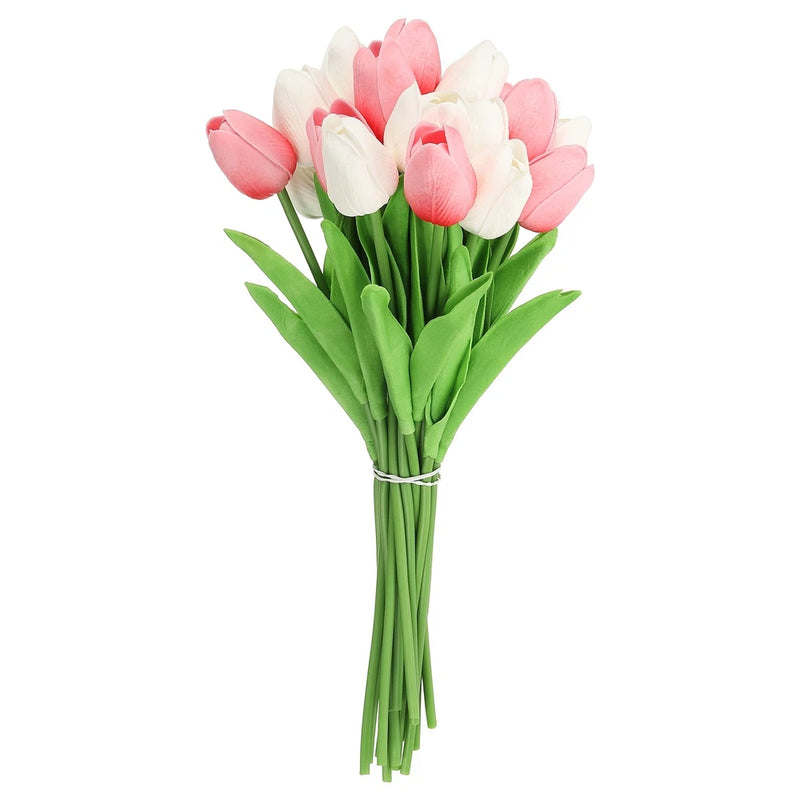 Artificial tulip stems bouquet with white and rose pink flowers and green leaves