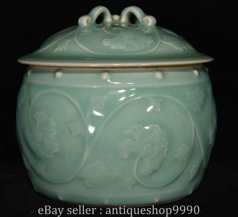 5.2" Old Chinese Longquan Kiln Porcelain Peony Flower Pattern Pot Jar Crock Peony