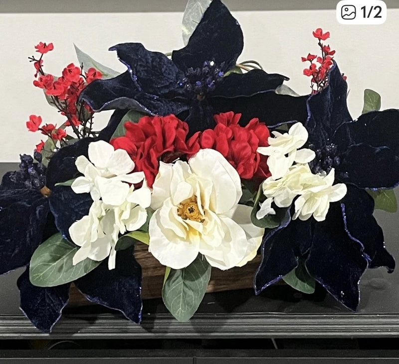 Artificial Flower Arrangement Centerpiece Navy Blue Red Poinsettia Rose Hydrangea