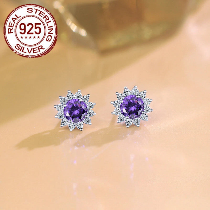 Sterling silver 925 purple cubic zirconia sunflower stud earrings with round center
