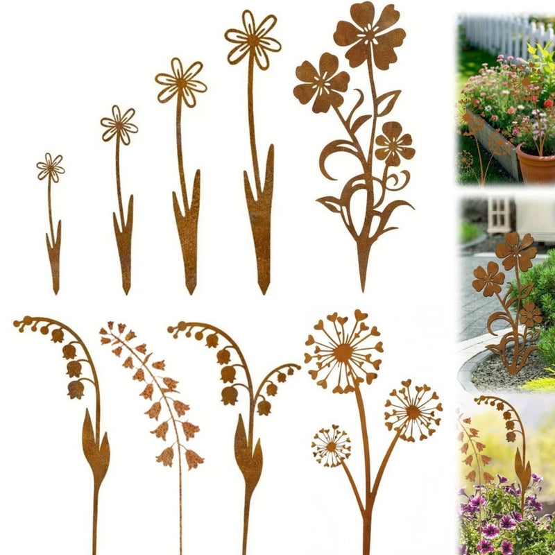 9Pcs Rusty Flower Metal Garden Stake Art Decor Recycled Rustic Flower Ornaments Garden Plants