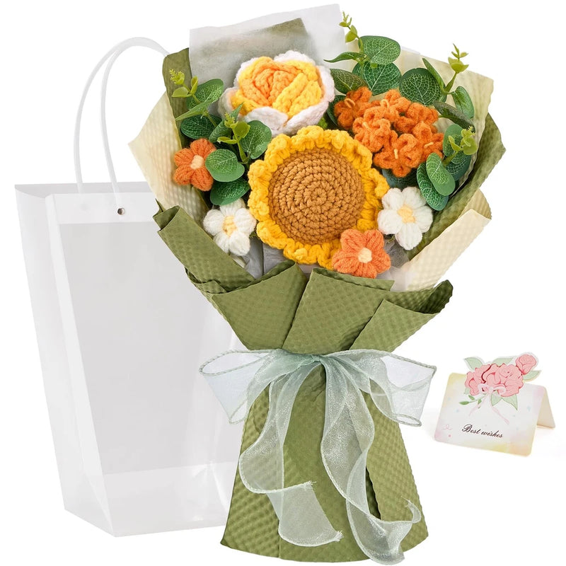 Handmade crochet sunflower bouquet with yellow and orange flowers, green leaves, wrapped ribbon