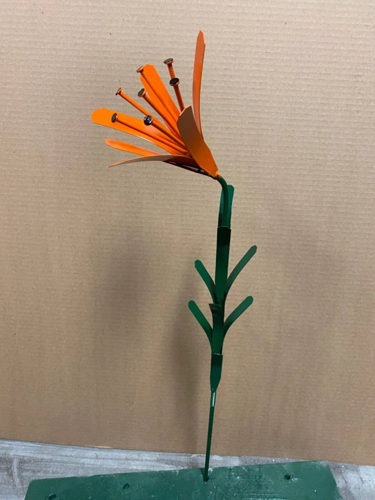 Recycled Metal Welded Orange Lilly W/ Nails Flower Stake Yard Art Rock Garden Garden Plants