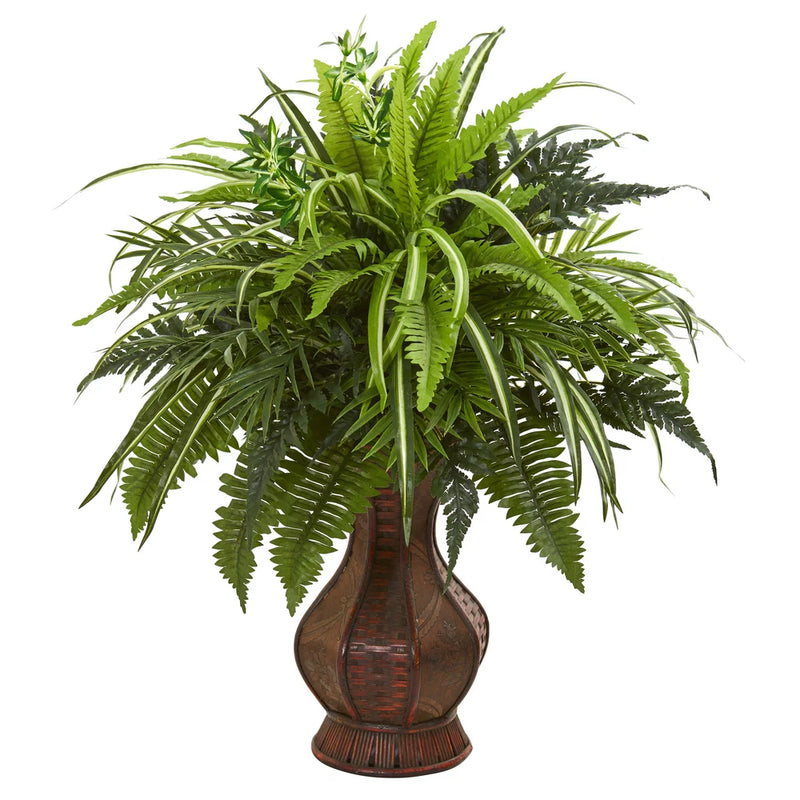 Nearly Natural 26Ó Mixed Greens And Fern Artificial Plant In Decorative Planter Green Plant