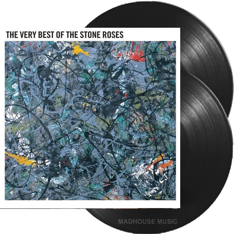 Black vinyl record with The Very Best of the Stone Roses sleeve cover