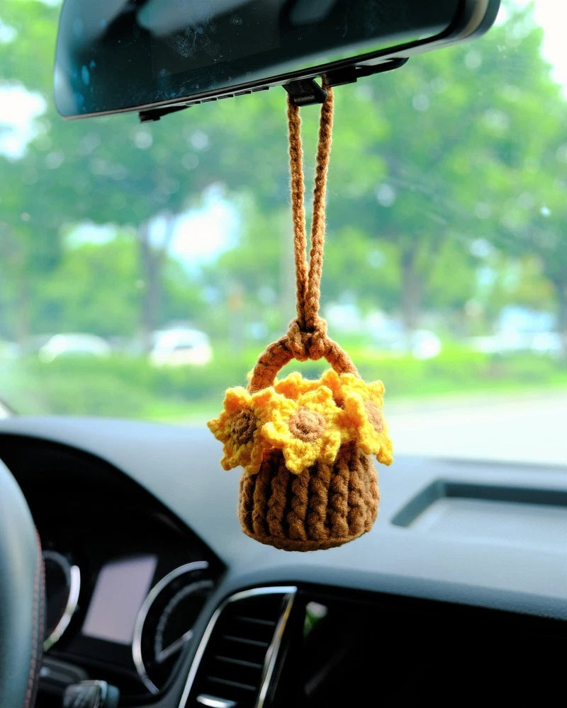 Handmade crochet sunflower hanging charm with braided loop for car mirror