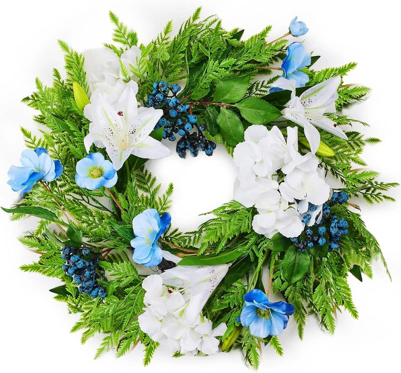 20 Inch Blue and White Floral Wreath,Artificial Hydrangea & Lily Wreath with Ber Hydrangea