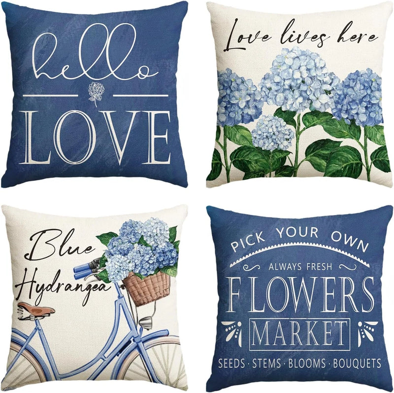 Set of 4 Blue Hydrangea Bicycle Pillow Covers 18x18 Spring Summer Decor Hydrangea