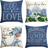 Set of 4 Blue Hydrangea Bicycle Pillow Covers 18x18 Spring Summer Decor Hydrangea