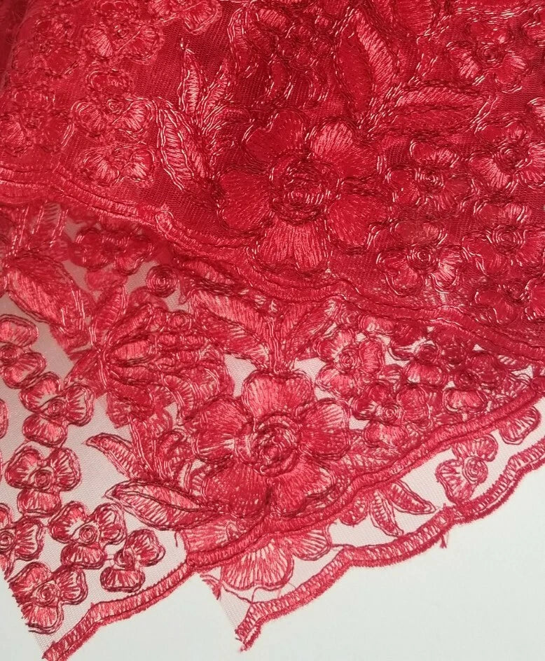 Red Metallic Cord Embroidered French Lace  Double Scalloped Fabric By Yard Flowering Plants