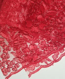 Red Metallic Cord Embroidered French Lace  Double Scalloped Fabric By Yard Flowering Plants