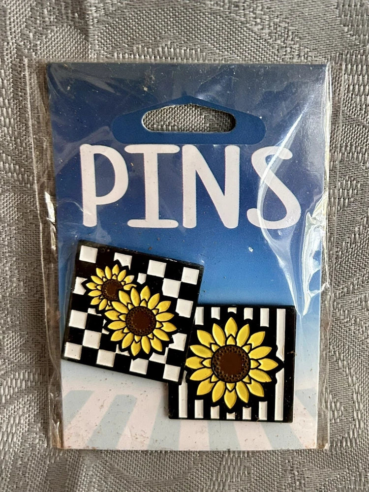Sunflower lapel pin set with two square enamel pins featuring yellow sunflowers