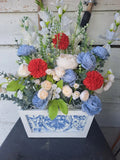 Floral Centerpiece Peonies, Pom Pom's  Wooden Container With Blue Toille Inset Peony