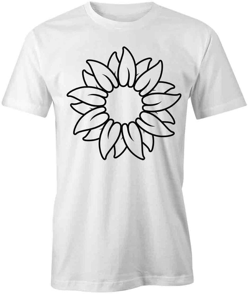 White cotton short-sleeve T-shirt with black sunflower line-art graphic on chest