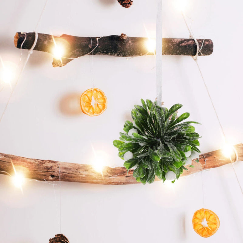 Artificial green plant ball ornament with dense faux leaves on hanging twine