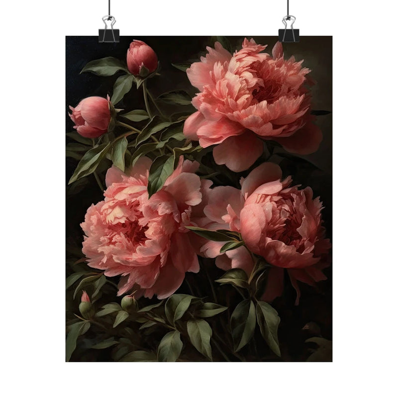 Peony flower art print with pink blooms and green leaves