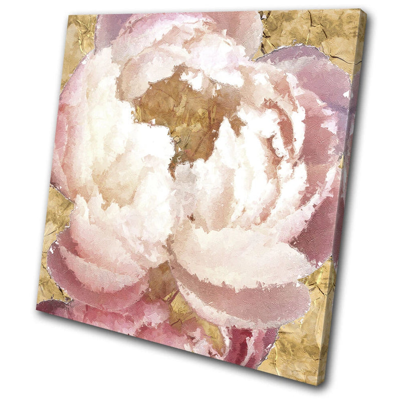 Abstract peony floral canvas wall art with blush pink, white, and gold accents