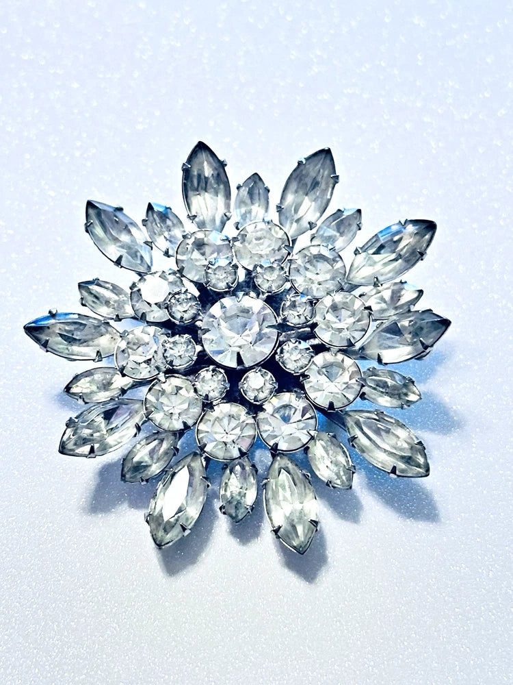 Estate Silver Tone Clear Round Marquise Rhinestone Layered Sunflower Brooch Sunflower