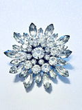 Estate Silver Tone Clear Round Marquise Rhinestone Layered Sunflower Brooch Sunflower