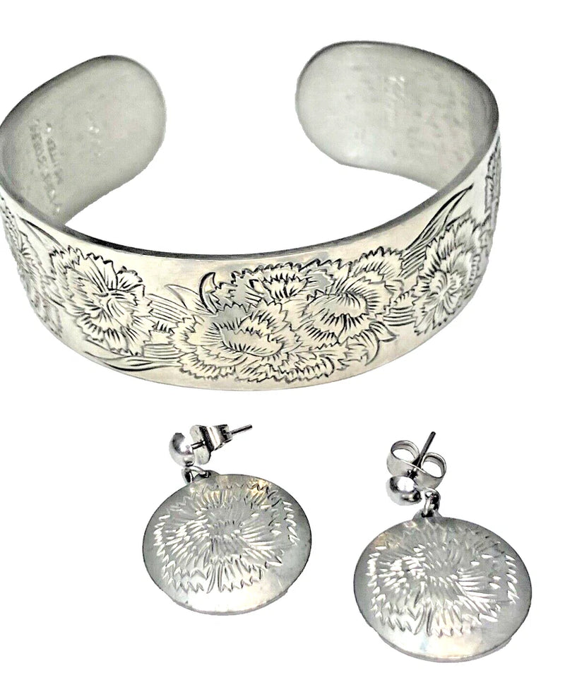 VTG Kirk Stieff Pewter Carnation Floral Cuff Bracelet & Earrings Set Boho Flower Carnation