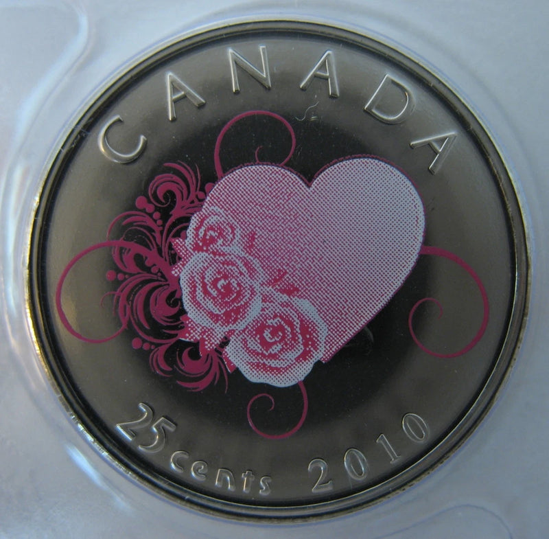 Canadian 25-cent coin with rose heart design in pink; reads CANADA, 25 Cents, 2010