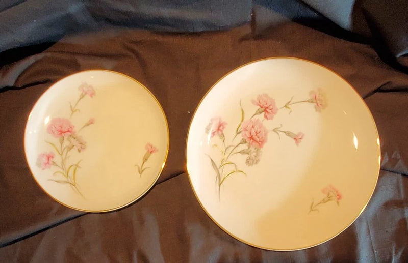 Pair of porcelain plates with pink carnation floral and gold rim