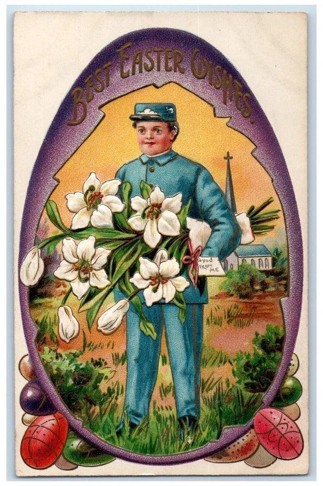 Vintage Easter postcard illustration: mailman holding white lilies and eggs.