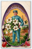 c1910's Easter Wishes Mailman Delivering Lilies Flowers Boquet Eggs Postcard Lily