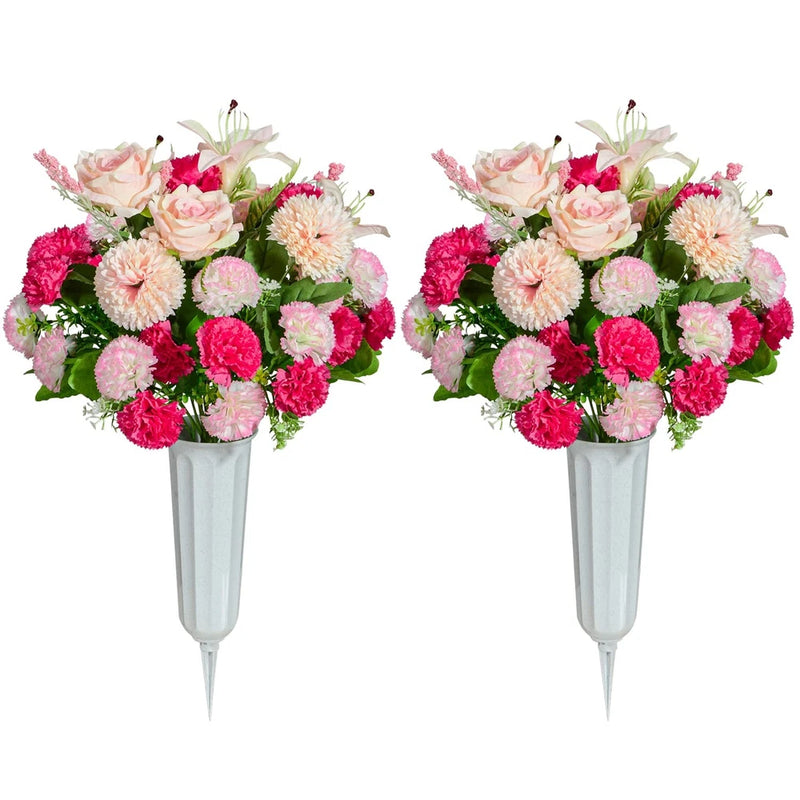 Artificial carnation grave memorial bouquet set of 2 with pink and red flowers on white stake holders
