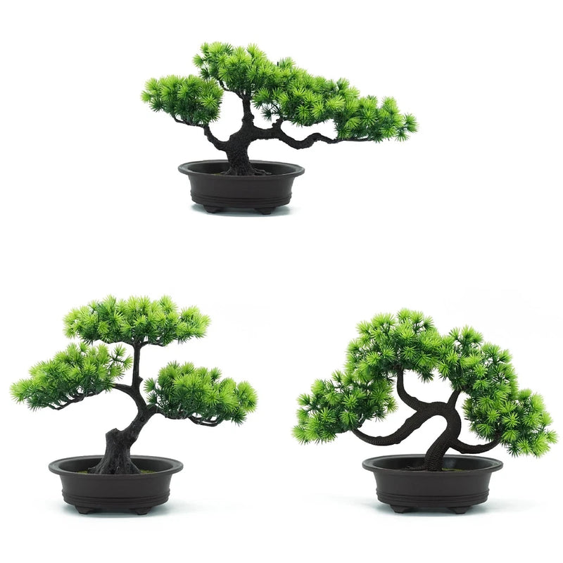 Artificial pine bonsai tree in black pot with bright green foliage