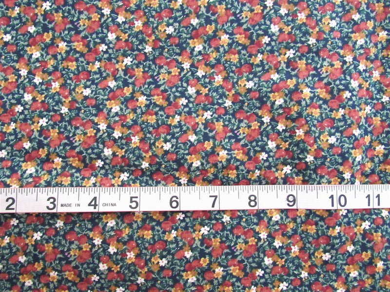 1 yd 100% Cotton Fabric Dark Blue with Rust, Gold & White Flowers Flowering Plants